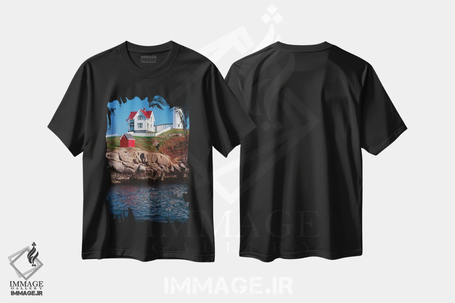تیشرت مشکی طرح دار نمای عمودی فانوس دریایی کیپ ندیک، یورک، مین، مدیوم اثر جورج اوزه | immage.ir