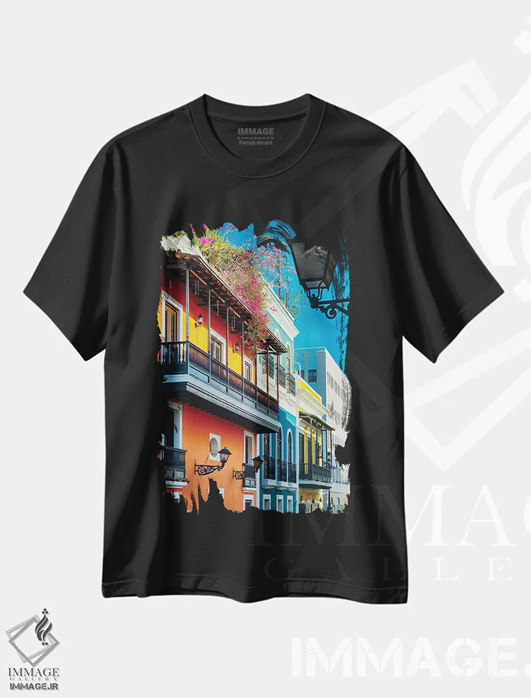 تیشرت مشکی طرح دار خانه های استعماری اسپانیایی رنگارنگ، سن خوان، پورتوریکو، مدیوم اثر جورج اوزه | فروشگاه ایماژ