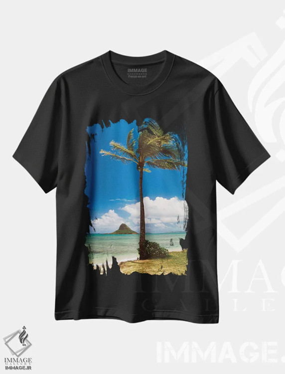 تیشرت مشکی طرح دار درخت نخل و کلاه چاینیمن، اوآهو، هاوایی، مدیوم اثر جورج اوزه | immage.ir