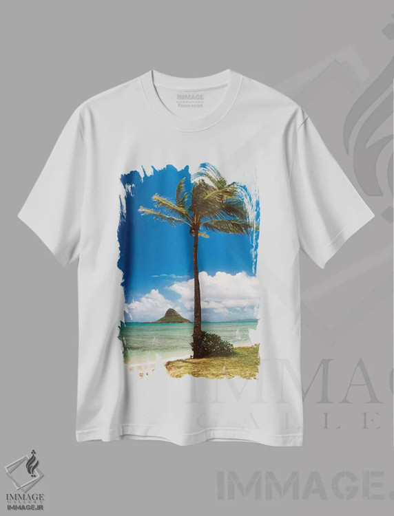 تیشرت سفید طرح دار درخت نخل و کلاه چاینیمن، اوآهو، هاوایی، مدیوم اثر جورج اوزه | فروشگاه ایماژ