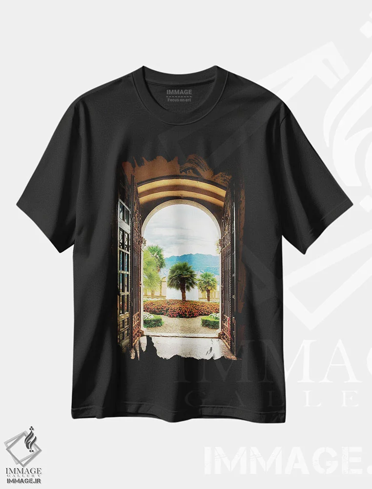 تیشرت مشکی طرح دار نمای باغ از درب ویلا، دریاچه گاردا، ایتالیا، مدیوم اثر جورج اوزه | فروشگاه ایماژ