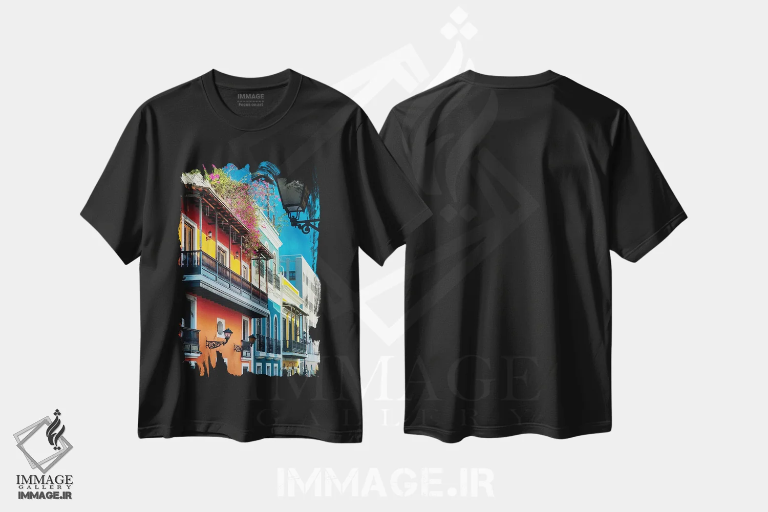 تیشرت مشکی طرح دار خانه های استعماری اسپانیایی رنگارنگ، سن خوان، پورتوریکو، مدیوم اثر جورج اوزه | فروشگاه ایماژ