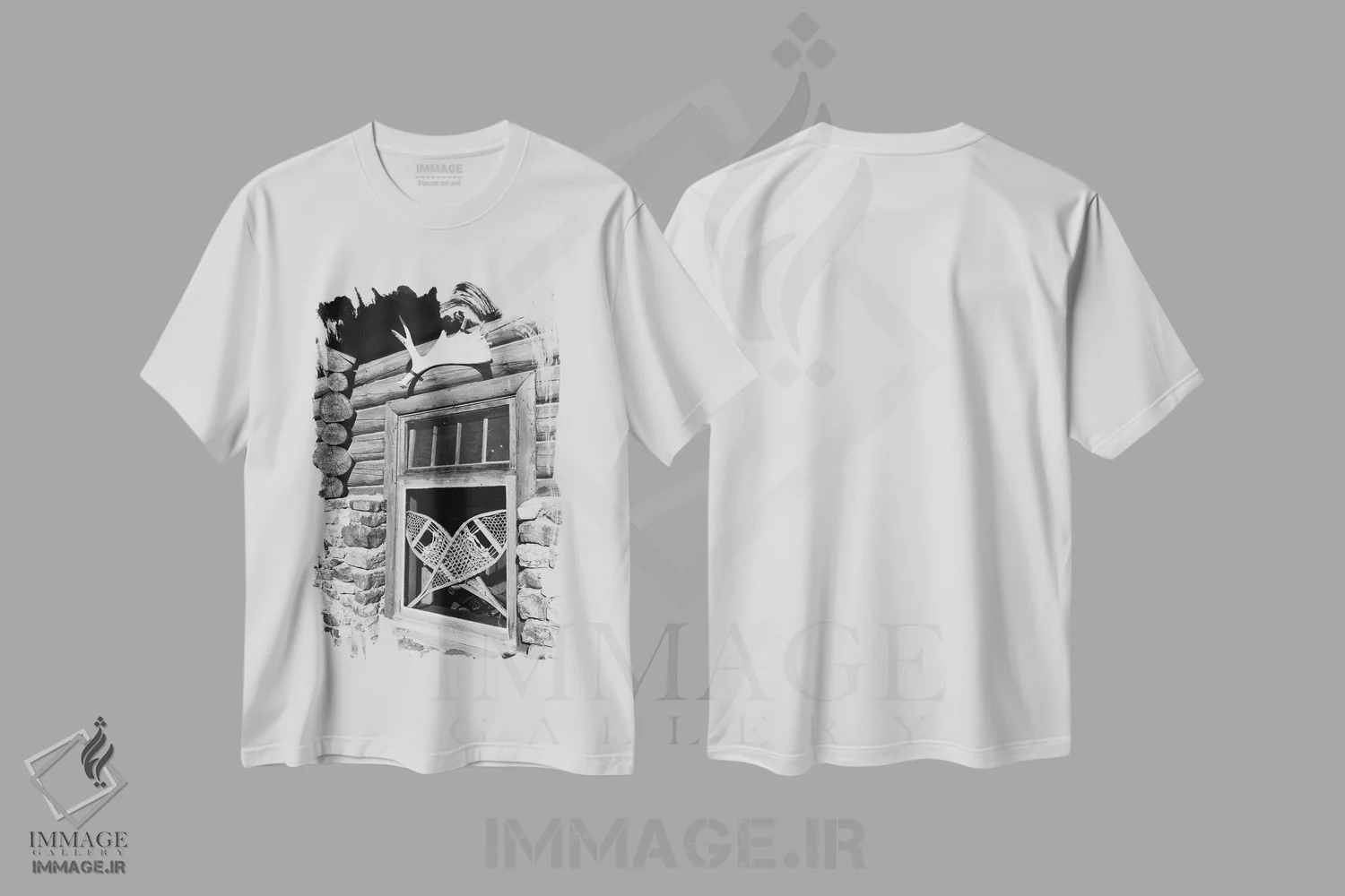 تیشرت سفید طرح دار پنجره آلاچیق آلپی، آلبرتا، کانادا، عکاسی سیاه و سفید اثر جورج اوزه | فروشگاه ایماژ