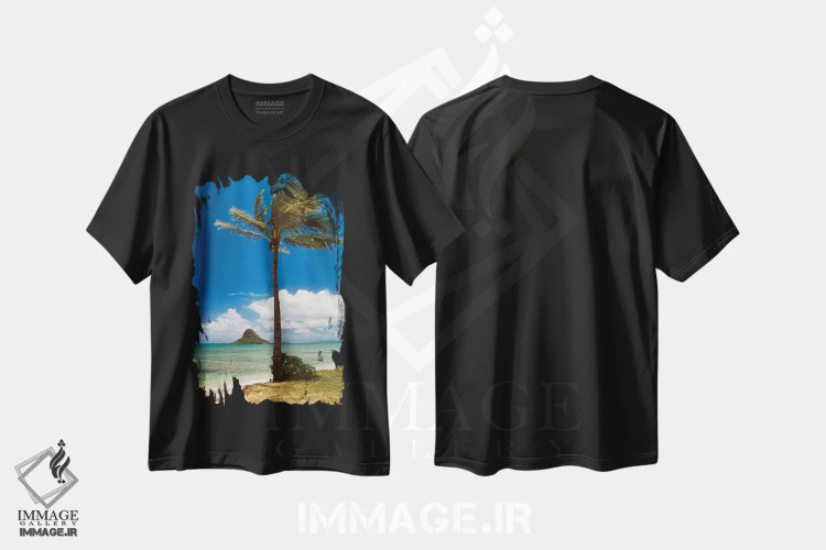 تیشرت مشکی طرح دار درخت نخل و کلاه چاینیمن، اوآهو، هاوایی، مدیوم اثر جورج اوزه | immage.ir