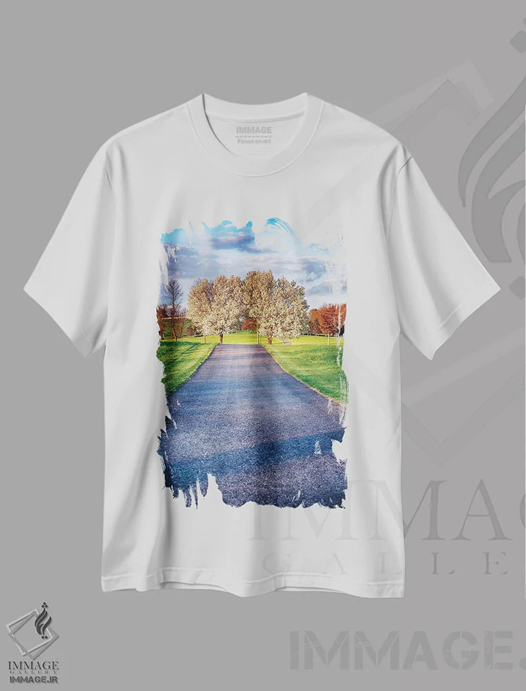 تیشرت سفید طرح دار جاده روستایی با درختان شکوفه دار، مدیوم اثر جورج اوزه | فروشگاه ایماژ