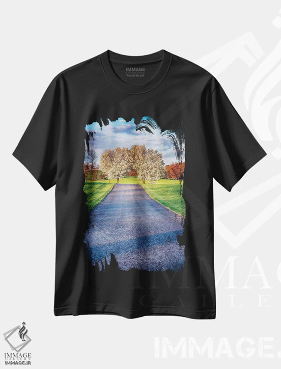 تیشرت مشکی طرح دار جاده روستایی با درختان شکوفه دار، مدیوم اثر جورج اوزه | immage.ir