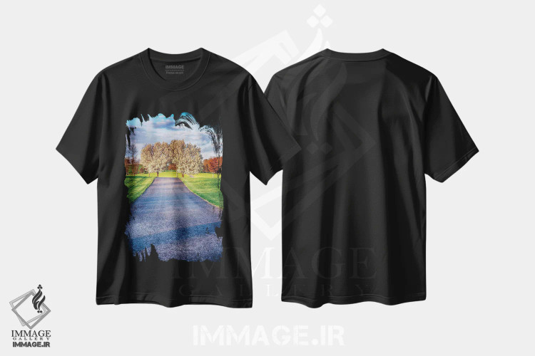 تیشرت مشکی طرح دار جاده روستایی با درختان شکوفه دار، مدیوم اثر جورج اوزه | immage.ir