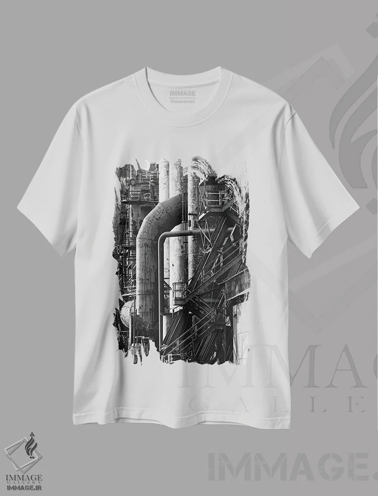 تیشرت سفید طرح دار انبارهای فولادی منطقه روست بلت، هنر تزئینی سیاه و سفید اثر جورج اوزه | immage.ir