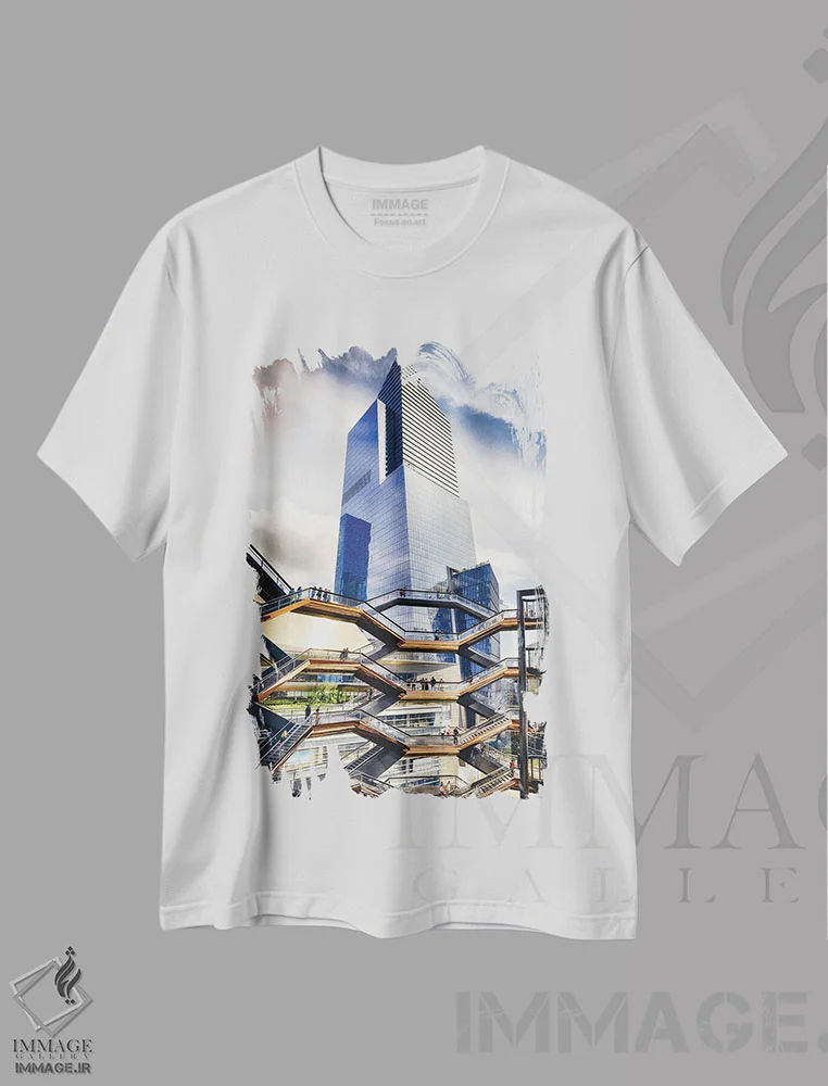 تیشرت سفید طرح دار هادسون یارد با وسل، منهتن، نیویورک، مدیوم اثر جورج اوزه | immage.ir