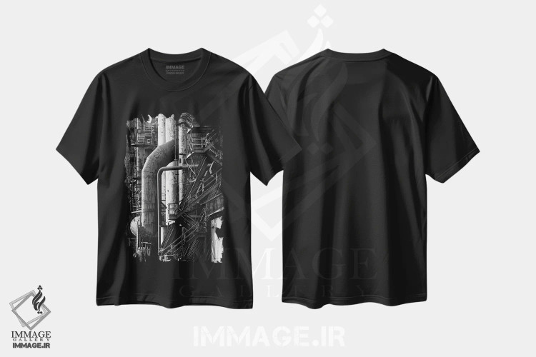 تیشرت مشکی طرح دار انبارهای فولادی منطقه روست بلت، هنر تزئینی سیاه و سفید اثر جورج اوزه | فروشگاه ایماژ