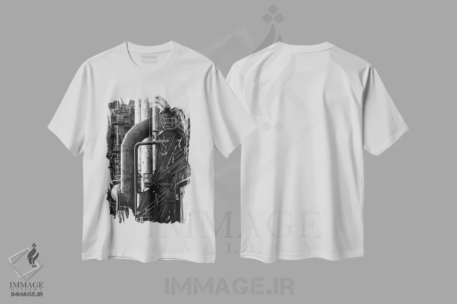 تیشرت سفید طرح دار انبارهای فولادی منطقه روست بلت، هنر تزئینی سیاه و سفید اثر جورج اوزه | immage.ir