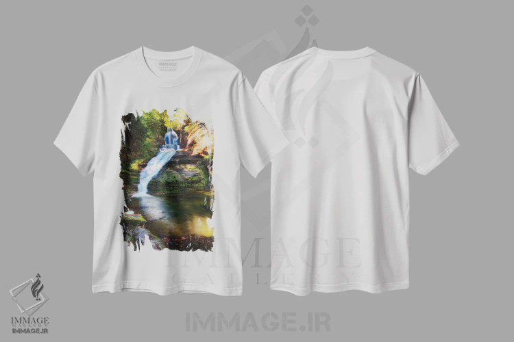 تیشرت سفید طرح دار منظرهٔ اوایل پاییز آبشار دینگمنز، مدیوم اثر جورج اوزه | immage.ir