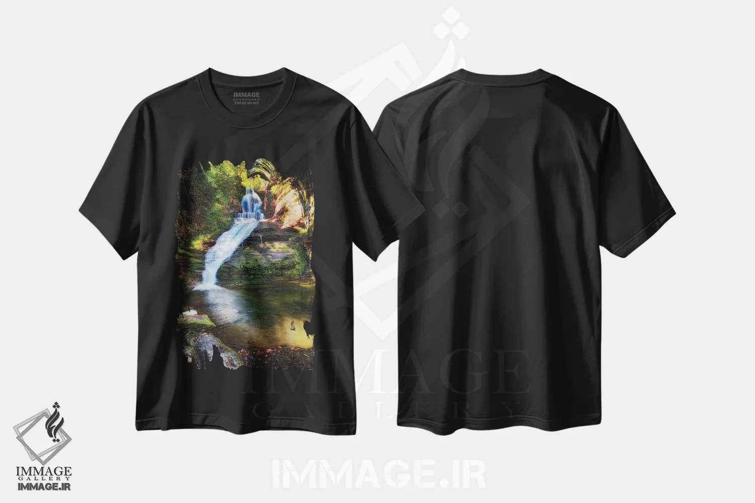 تیشرت مشکی طرح دار منظرهٔ اوایل پاییز آبشار دینگمنز، مدیوم اثر جورج اوزه | فروشگاه ایماژ