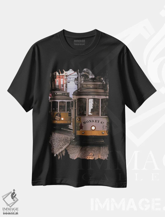 تیشرت مشکی طرح دار ترام های قدیمی در محله آلفاما، لیسبون، پرتغال، مدیوم اثر جورج اوزه | فروشگاه ایماژ