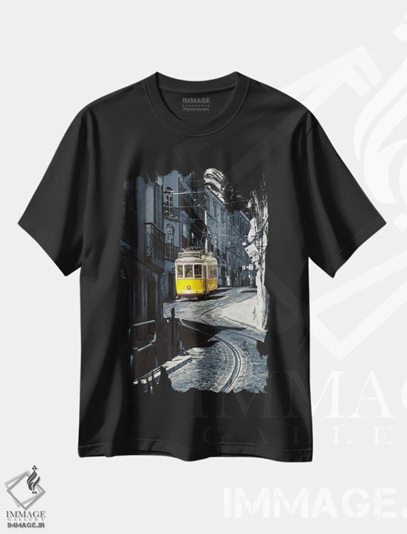 تیشرت مشکی طرح دار ترام زرد شماره ۲۸ در محله آلفاما، لیسبون، پرتغال، مدیوم اثر جورج اوزه | immage.ir