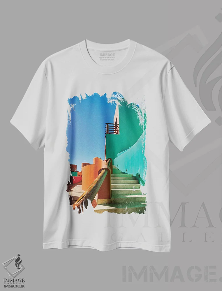 تیشرت سفید طرح دار اشکال رنگارنگ، کابو سان لوکاس، مکزیک، مدیوم اثر جورج اوزه | immage.ir