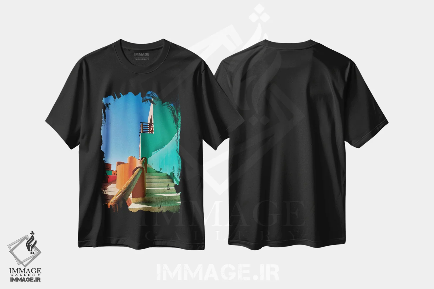 تیشرت مشکی طرح دار اشکال رنگارنگ، کابو سان لوکاس، مکزیک، مدیوم اثر جورج اوزه | فروشگاه ایماژ