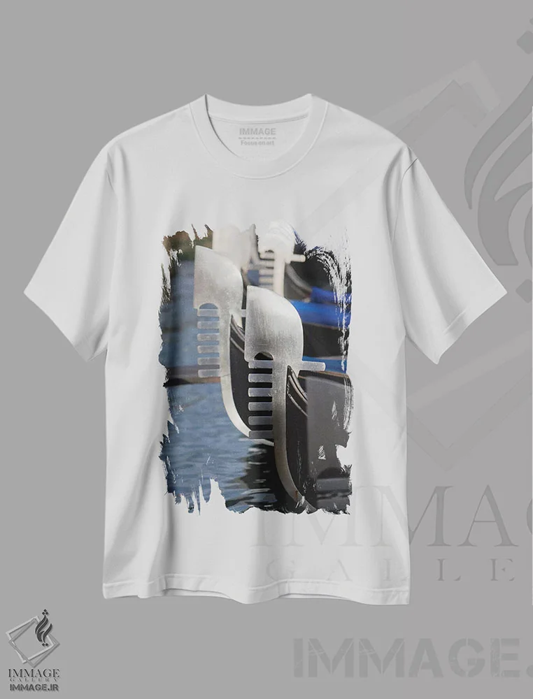 تیشرت سفید طرح دار پیش قوس گوندولاها، ونیز، ایتالیا، مدیوم اثر جورج اوزه | فروشگاه ایماژ
