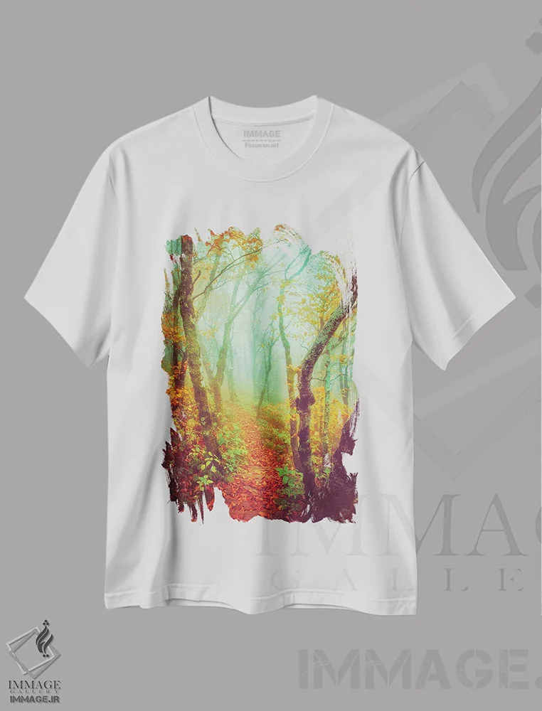 تیشرت سفید طرح دار مسیر افسانه ای در پاییز، مدیوم اثر کری ان گریپو-پایک | فروشگاه ایماژ