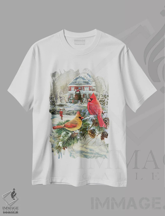 تیشرت سفید طرح دار پرندگان کاردینال و خانه، دکور تعطیلات اثر گرگ جوردانو | immage.ir