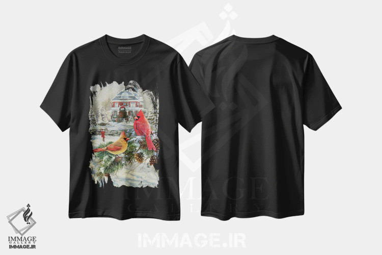 تیشرت مشکی طرح دار پرندگان کاردینال و خانه، دکور تعطیلات اثر گرگ جوردانو | فروشگاه ایماژ