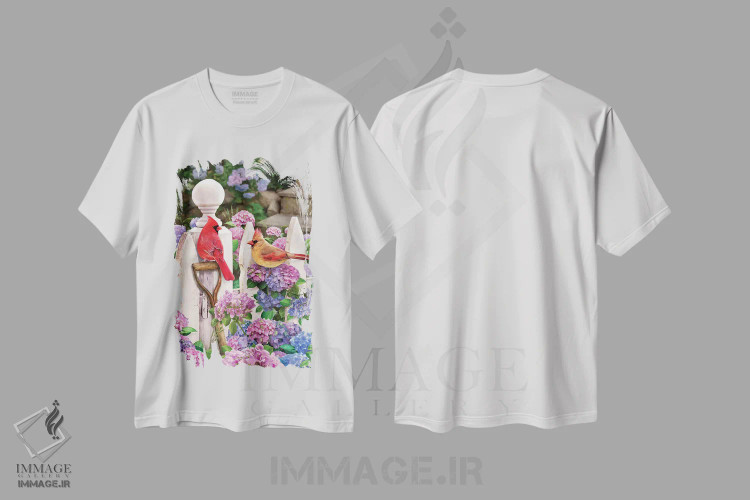 تیشرت سفید طرح دار کاردینال ها روی حصار با گل ادریسی، تزئینی اثر گرگ جوردانو | immage.ir