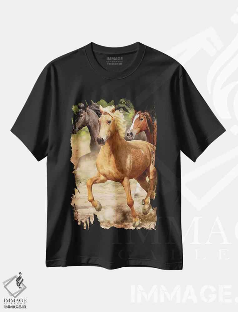 تیشرت مشکی طرح دار اسب های چهارنعل، دکور روستایی اثر گرگ جوردانو | فروشگاه ایماژ