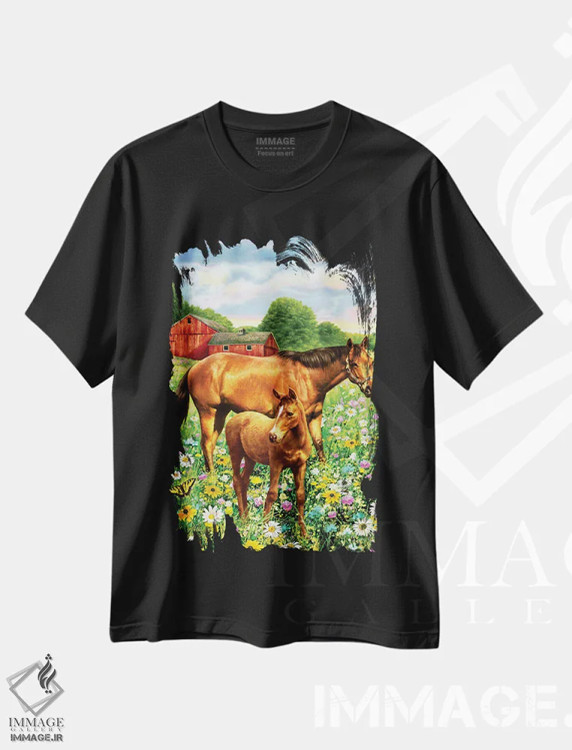 تیشرت مشکی طرح دار مادیان و کره اسب II، مدیوم اثر گرگ جوردانو | فروشگاه ایماژ