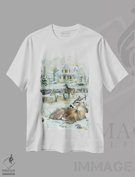 تیشرت سفید طرح دار گوزن زمستانی، دکور تعطیلات اثر گرگ جوردانو | فروشگاه ایماژ