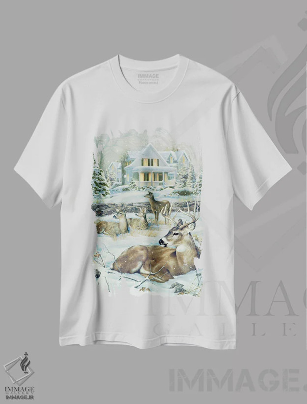 تیشرت سفید طرح دار گوزن زمستانی، دکور تعطیلات اثر گرگ جوردانو | فروشگاه ایماژ