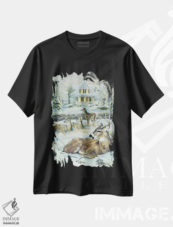 تیشرت مشکی طرح دار گوزن زمستانی، دکور تعطیلات اثر گرگ جوردانو | immage.ir