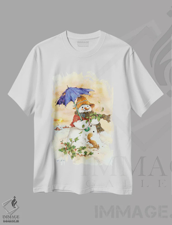 تیشرت سفید طرح دار آدم برفی و چتر، دکور تعطیلات اثر گرگ جوردانو | immage.ir