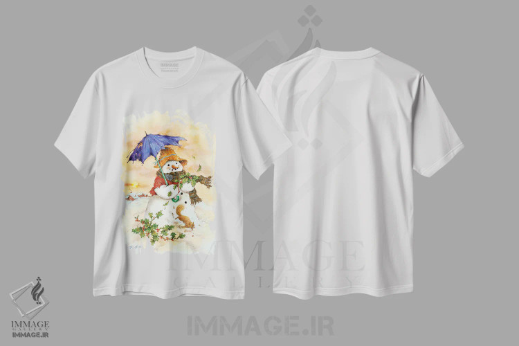 تیشرت سفید طرح دار آدم برفی و چتر، دکور تعطیلات اثر گرگ جوردانو | immage.ir