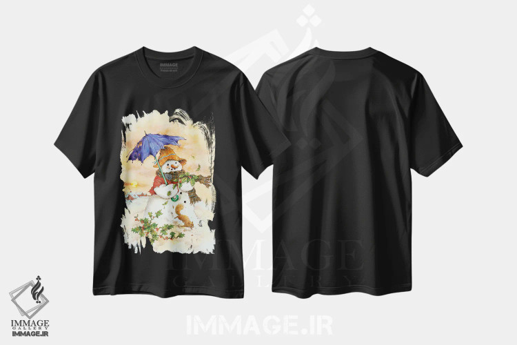 تیشرت مشکی طرح دار آدم برفی و چتر، دکور تعطیلات اثر گرگ جوردانو | فروشگاه ایماژ