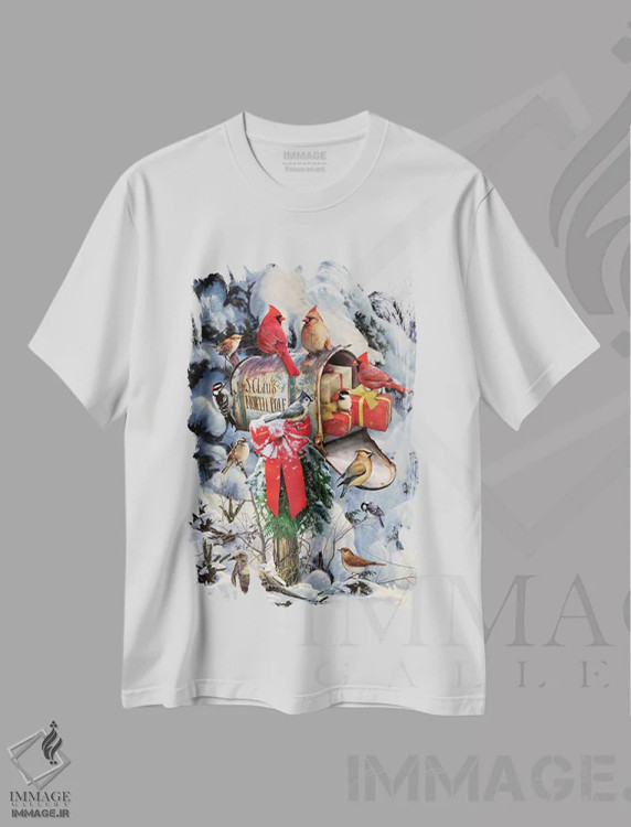 تیشرت سفید طرح دار پرندگان کریسمس کنار صندوق پست، دکور تعطیلات اثر گرگ جوردانو | فروشگاه ایماژ