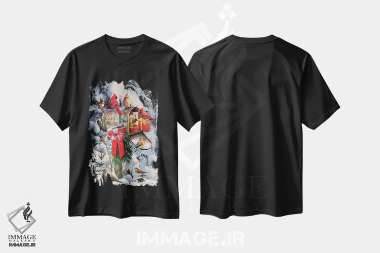 تیشرت مشکی طرح دار پرندگان کریسمس کنار صندوق پست، دکور تعطیلات اثر گرگ جوردانو | immage.ir