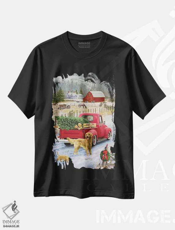 تیشرت مشکی طرح دار کریسمس در مزرعه، دکور روستایی جشن دار اثر گرگ جوردانو | فروشگاه ایماژ