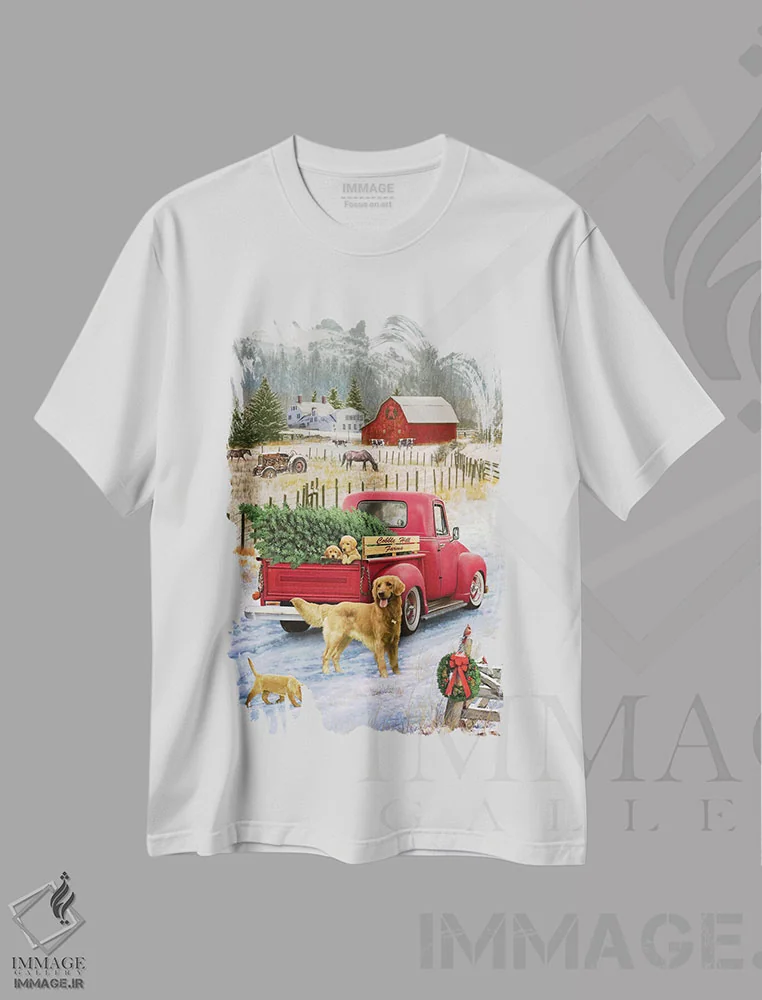 تیشرت سفید طرح دار کریسمس در مزرعه، دکور روستایی جشن دار اثر گرگ جوردانو | immage.ir