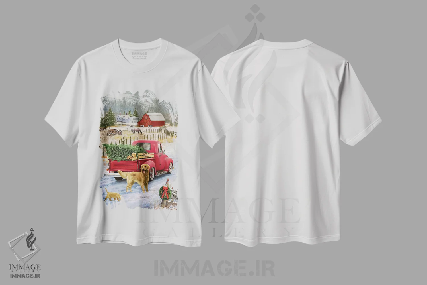 تیشرت سفید طرح دار کریسمس در مزرعه، دکور روستایی جشن دار اثر گرگ جوردانو | immage.ir