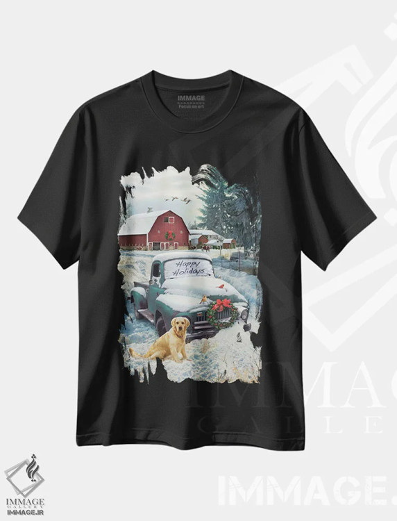 تیشرت مشکی طرح دار کامیون تعطیلات، دکور روستایی جشن دار اثر گرگ جوردانو | فروشگاه ایماژ