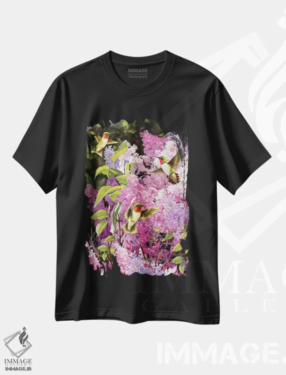 تیشرت مشکی طرح دار مرغ مگس خوار و یاس بنفش، تزئینی اثر گرگ جوردانو | فروشگاه ایماژ