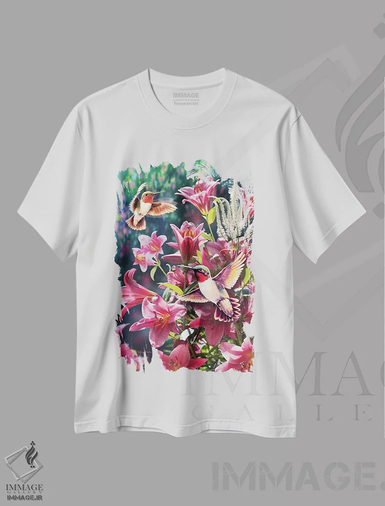 تیشرت سفید طرح دار مرغ مگس خوار و نیلوفرها، تزئینی اثر گرگ جوردانو | فروشگاه ایماژ