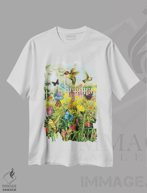 تیشرت سفید طرح دار مرغ مگس خوار و آلاچیق، تزئینی اثر گرگ جوردانو | immage.ir