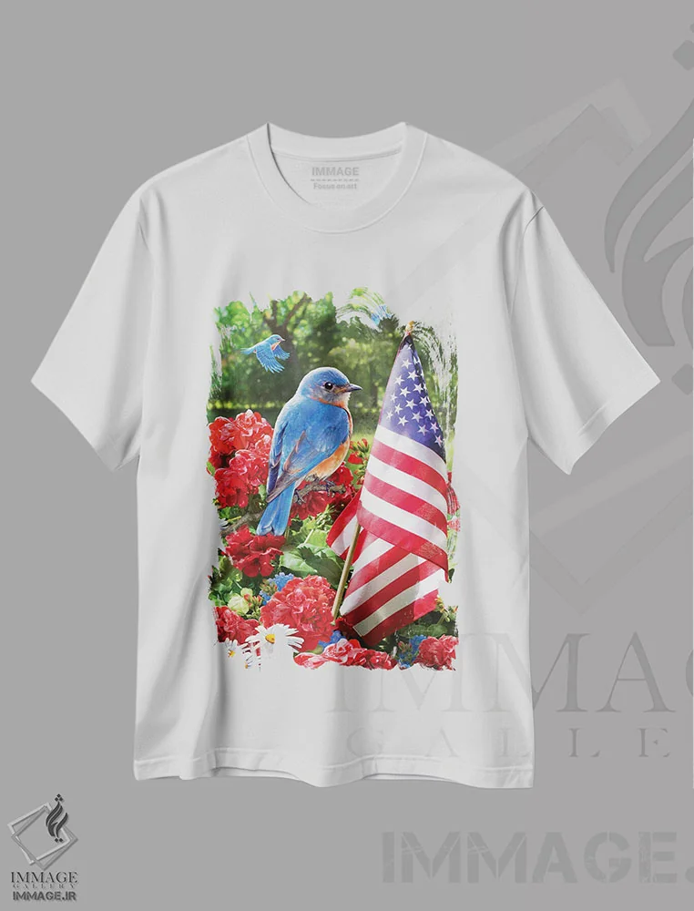 تیشرت سفید طرح دار مرغ آبی وطن پرستانه، تزئینی اثر گرگ جوردانو | فروشگاه ایماژ