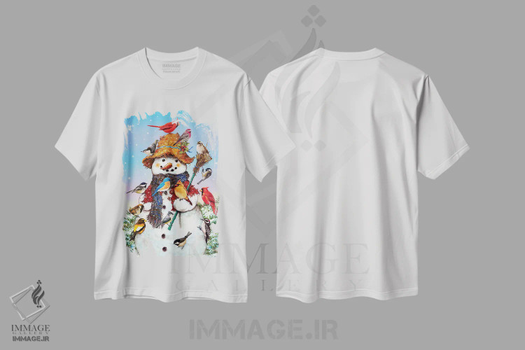 تیشرت سفید طرح دار پرندگان و آدم برفی، دکور تعطیلات اثر گرگ جوردانو | فروشگاه ایماژ