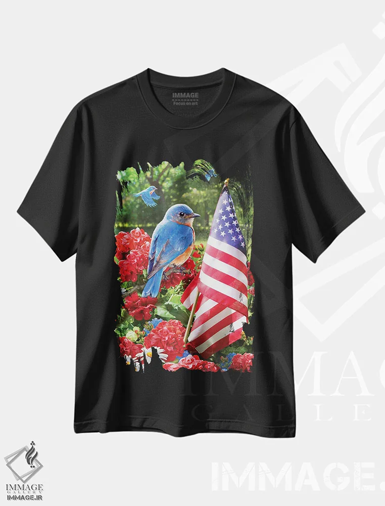 تیشرت مشکی طرح دار مرغ آبی وطن پرستانه، تزئینی اثر گرگ جوردانو | immage.ir