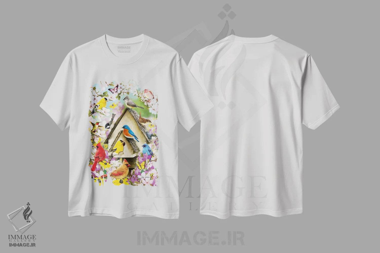 تیشرت سفید طرح دار پرندگان بهاری و درخت داگ وود، دکور روستایی اثر گرگ جوردانو | فروشگاه ایماژ