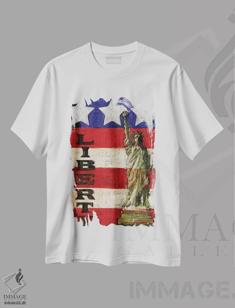 تیشرت سفید طرح دار نوارهای نماد آزادی، دکور آمریکایی اثر جی. چارلز | فروشگاه ایماژ