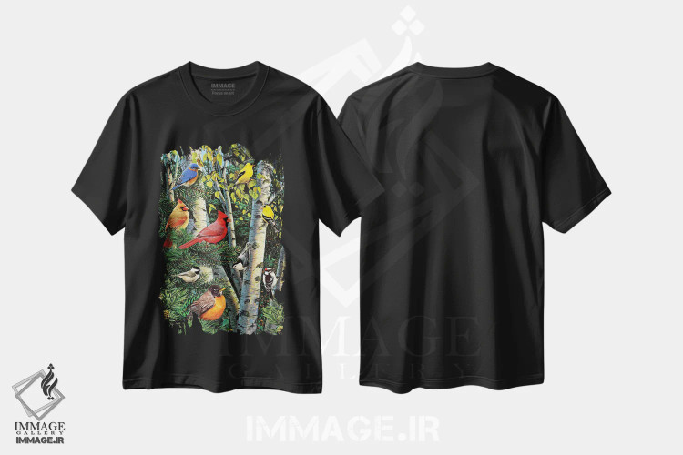تیشرت مشکی طرح دار پرندگان در میان غان و کاج، تزئینی اثر گرگ جوردانو | فروشگاه ایماژ