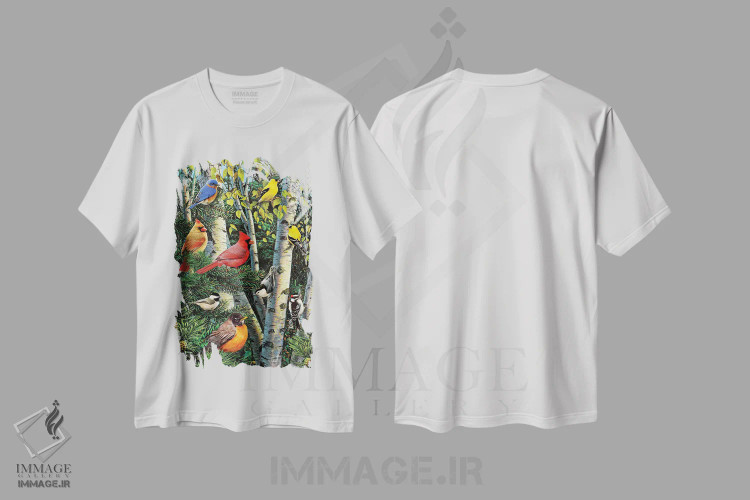 تیشرت سفید طرح دار پرندگان در میان غان و کاج، تزئینی اثر گرگ جوردانو | immage.ir